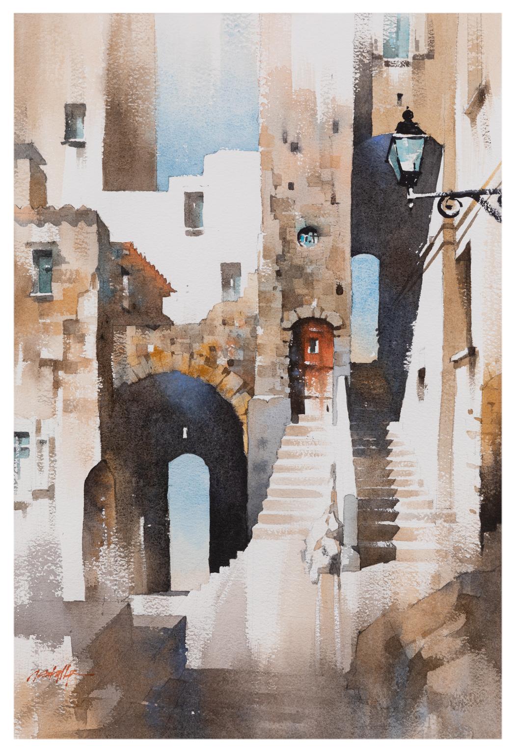 Thomas W. Schaller Landscape Art - Street Scene, Sperlonga Italy - Watercolor Architecture in Browns and Blues