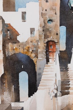Street Scene, Sperlonga Italy - Watercolor Architecture in Browns and Blues