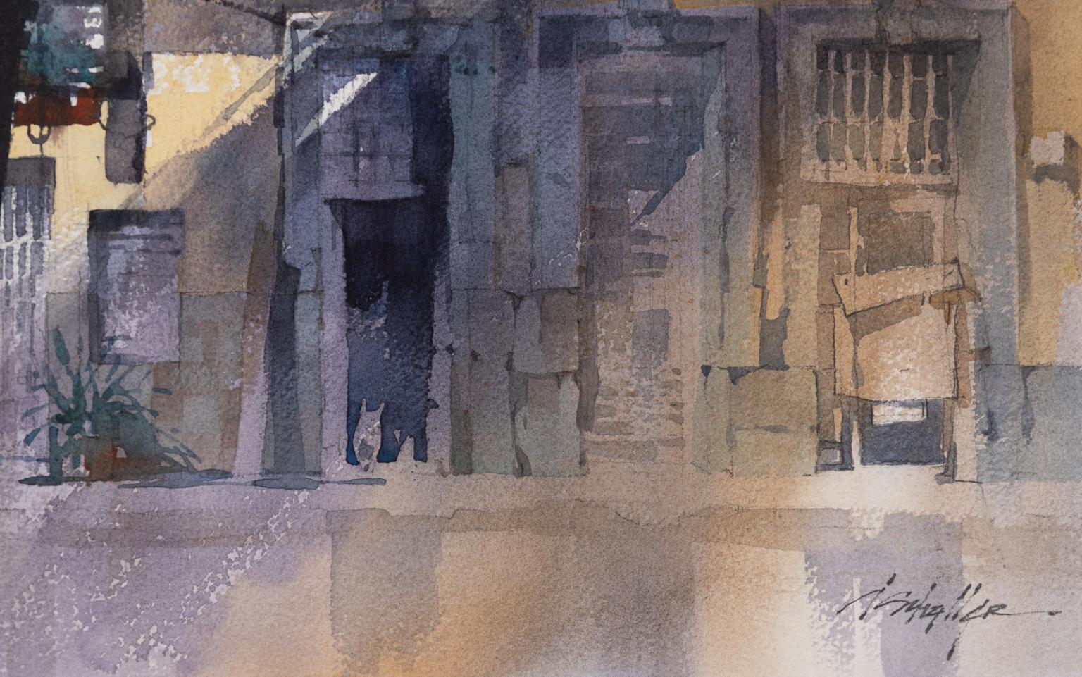 Patch of Light – Havanna, Kuba, Aquarell eines Architekturgebäudes (Grau), Landscape Art, von Thomas W. Schaller