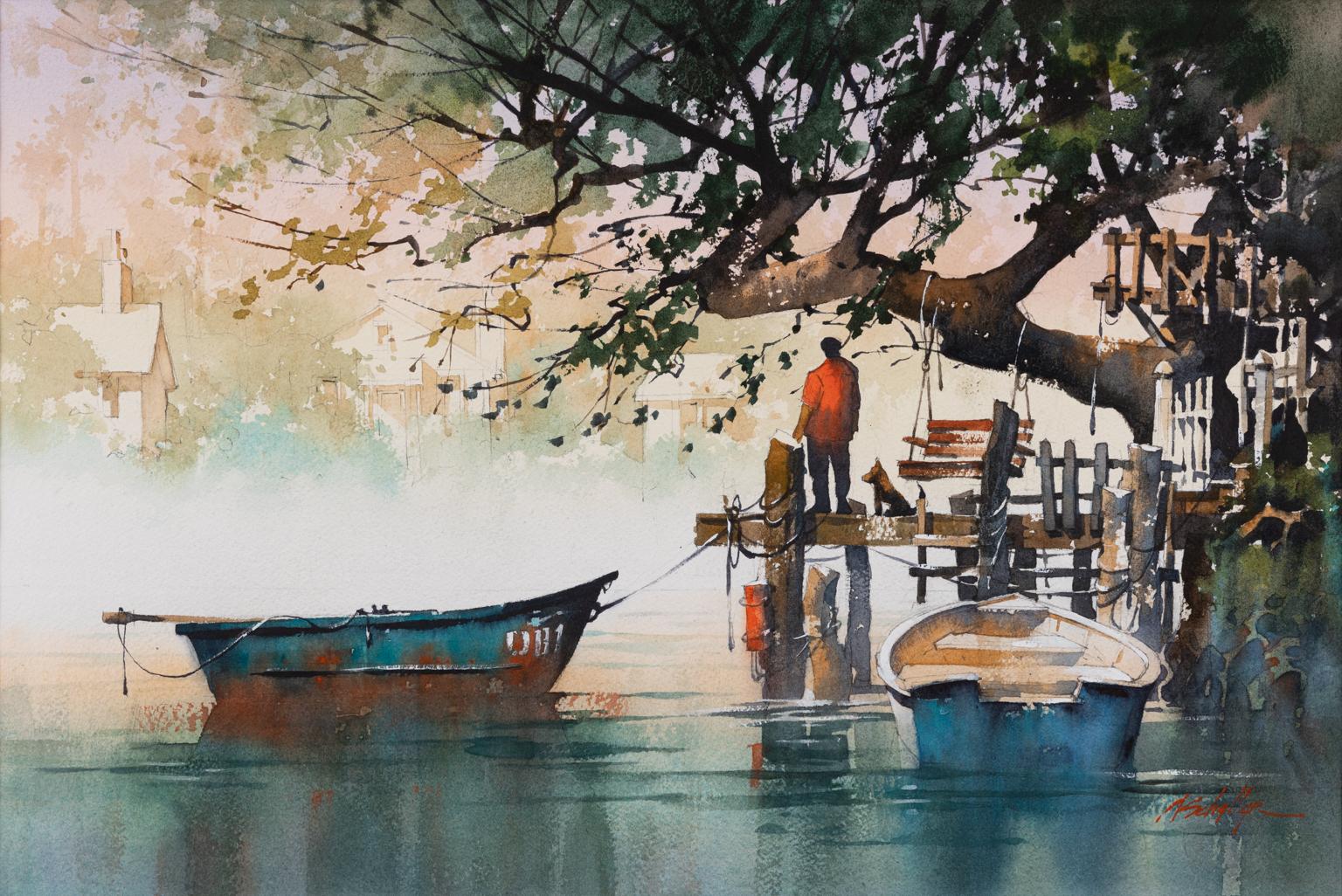 Thomas W. Schaller Landscape Art - The End of Day - Watercolor of Boats in Water with Dock