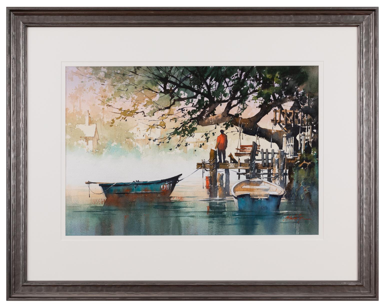 Am Ende des Tages – Aquarell von Booten in Wasser mit Dock  (Schwarz), Landscape Art, von Thomas W. Schaller