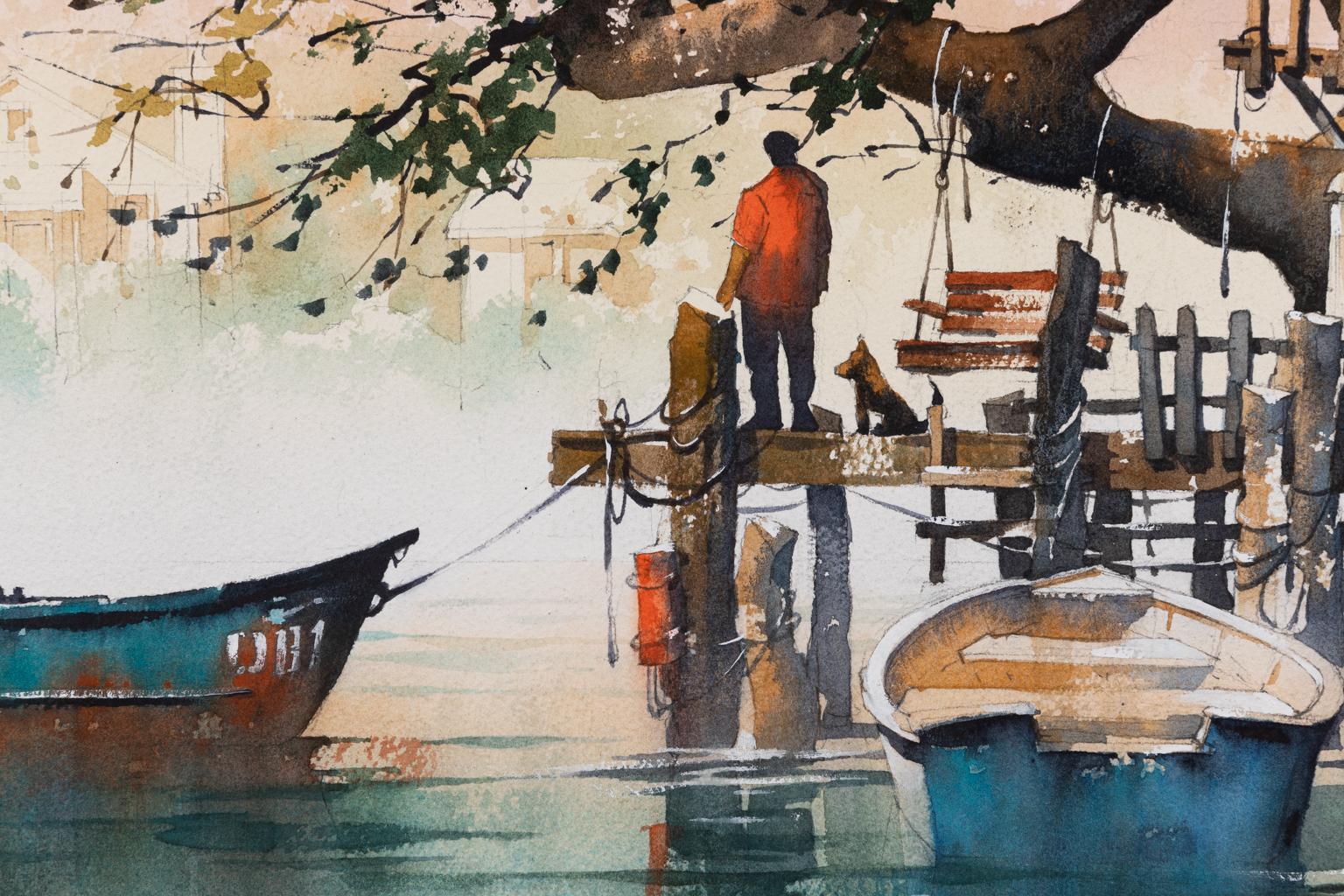 Am Ende des Tages – Aquarell von Booten in Wasser mit Dock  – Art von Thomas W. Schaller