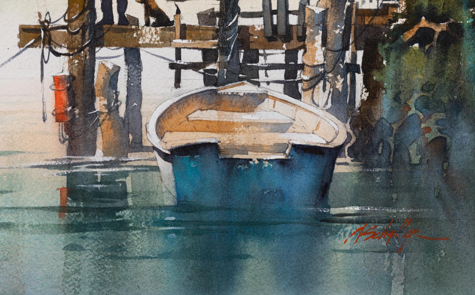 Am Ende des Tages – Aquarell von Booten in Wasser mit Dock  (Zeitgenössisch), Art, von Thomas W. Schaller