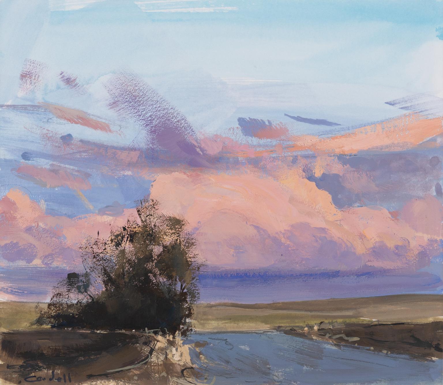 Cloud - Plein Air Gouache Landscape Painting during Sunset of Grassy Hills