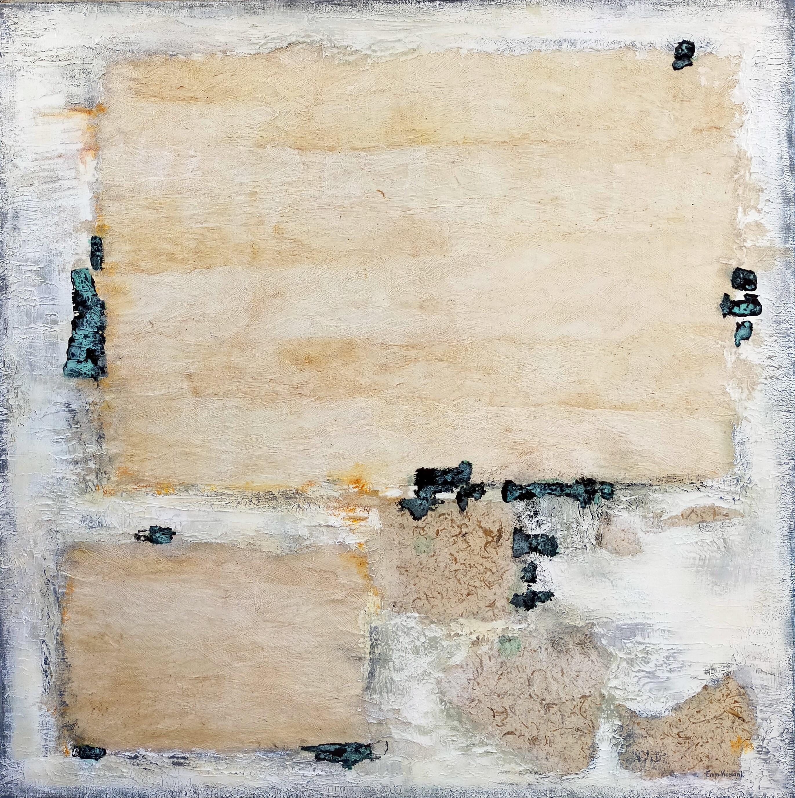 abstract "Presence of silence" acrylic marble linen canvas 120x120cm wood crate - Painting by Emmanuelle Vroelant