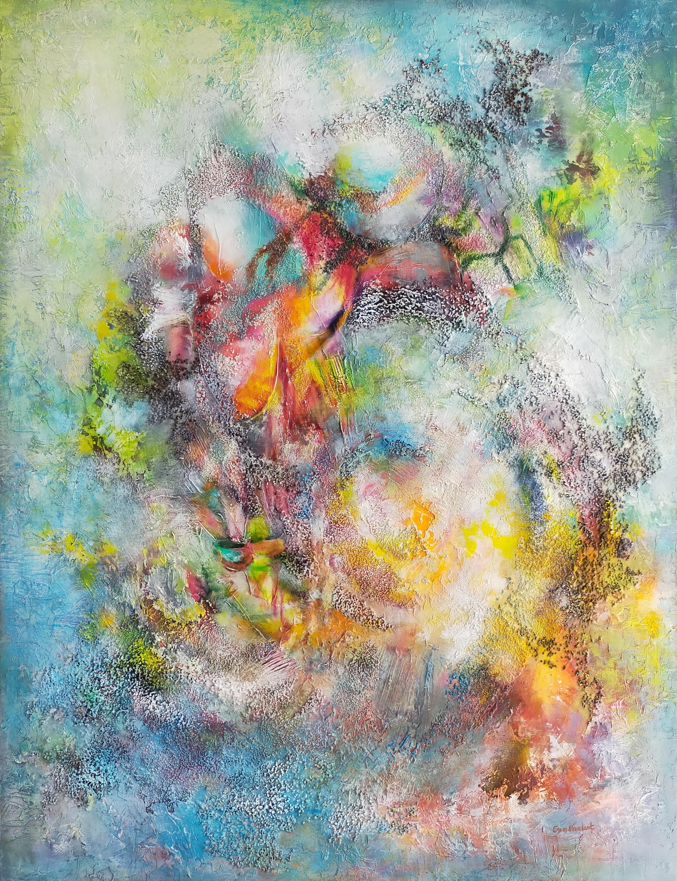 "Joyful effervescence" abstract acrylique garnets grains on wood panel 116x86cm 