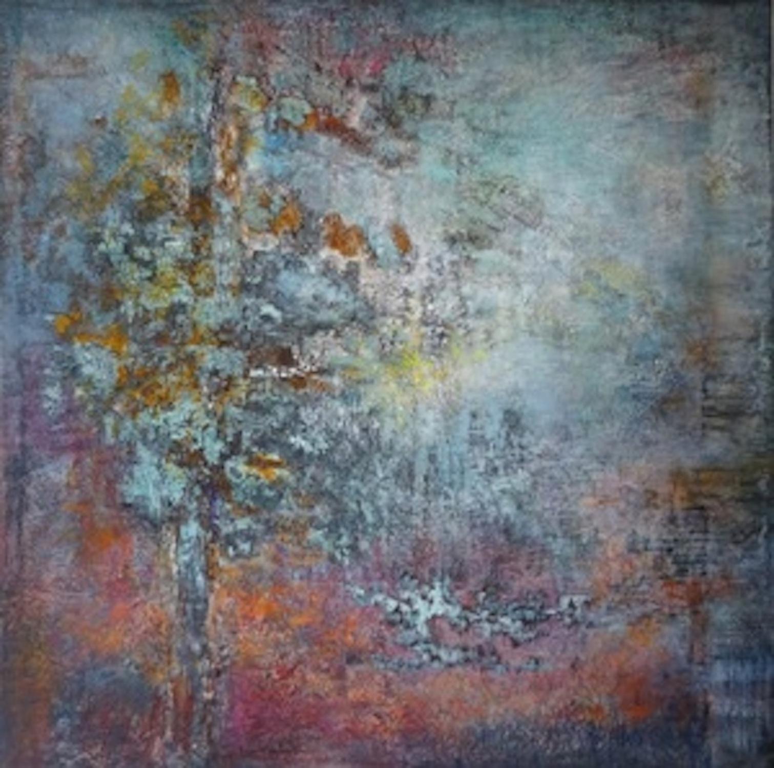 Emmanuelle Vroelant Abstract Painting - "Blue Clearing" abstract acrylic on linen canvas 80x80cm 2015