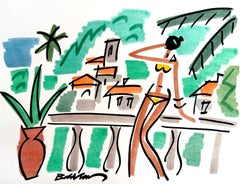 figurative drawing "Female swimsuit yellow riviera" watercolors ink on paper