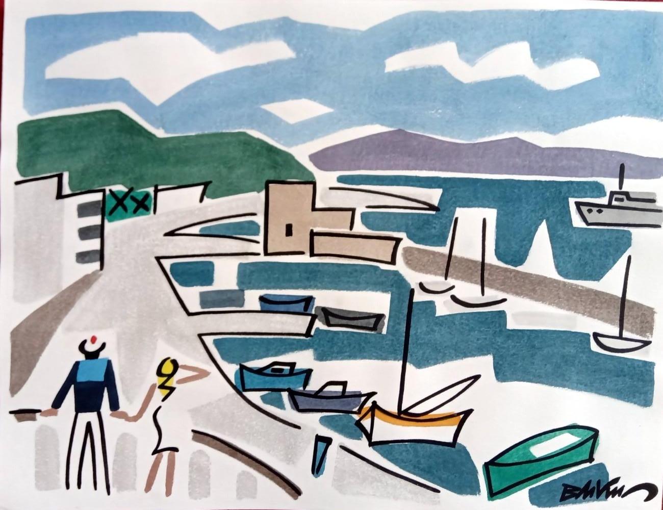 "Sailors in the port" figurative drawing water colour, ink on paper 50x65 cm
