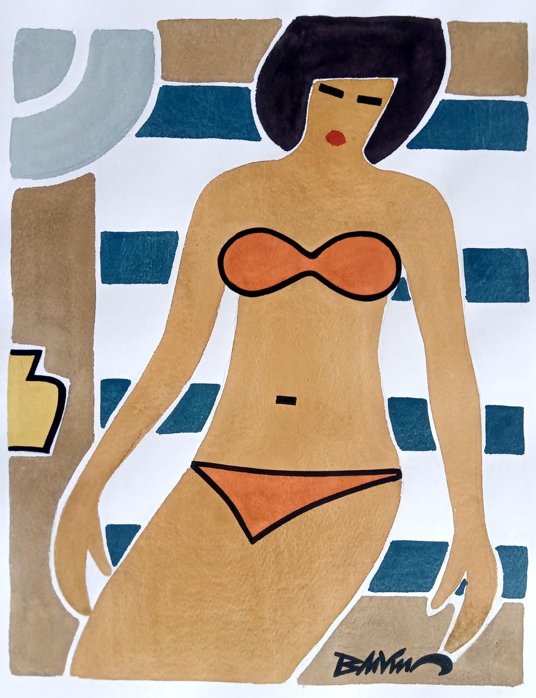 „orangefarbener Bikini-Schwimmer auf dem Sand“, figurative Wasserfarbe, Porzellan Tinte auf Papier