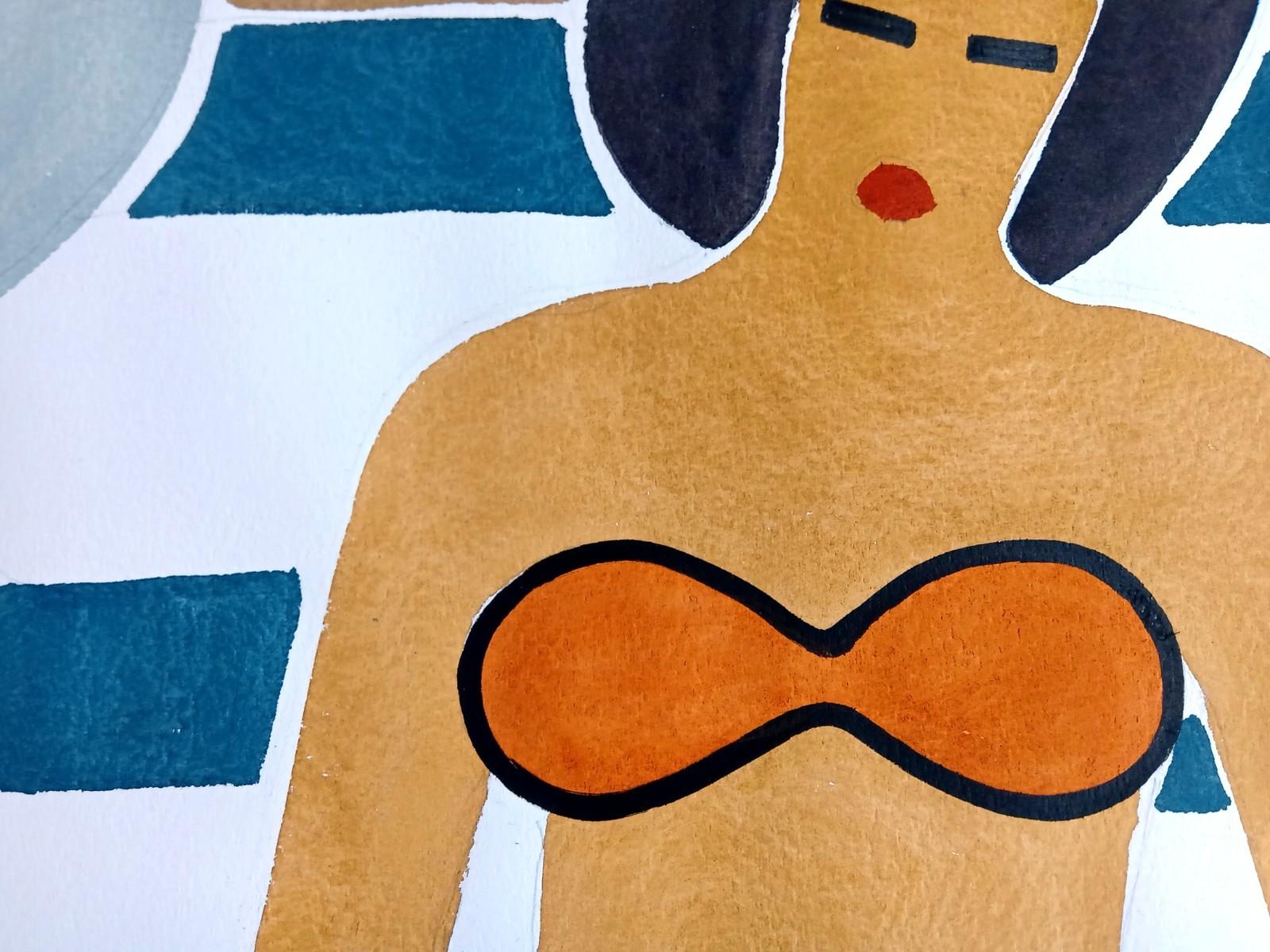 This captivating piece titled 'Orange Bikini Swimmer on the Sand' beckons for a contemplative pause. The figurative drawing in watercolor, with ink accents on paper, captures the tranquil essence of a woman lying on a beach. Delicate color nuances