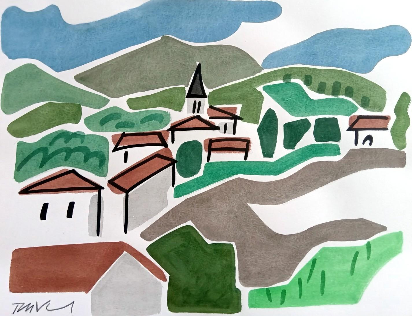 „Landschaft des Baskenlandes“ figurative Aquarellfarbe, Porzellan Tinte auf Papier