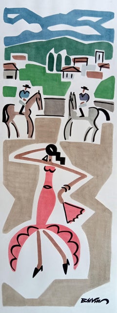 Figurative Aquarellfarbe „Flamenco-Reiter“, Porzellan Tinte auf Papier, 130x50cm