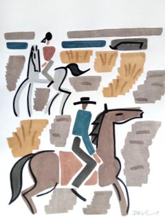 « Couple of riders in Camargue », aquarelle figurative, encre de porcelaine sur papier.