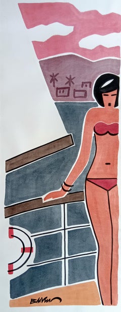 "Sailboat swimmer" figurative water colour, china ink on paper, 130x50cm