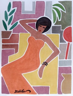 "Woman with long orange dress" figurative water colour, china ink on paper.