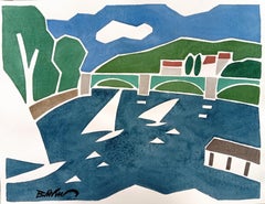 "Sailboats on the Seine" figurative water colour, china ink on paper.