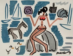 "Amphritrite with red bikini" figurative water colour, china ink on paper.