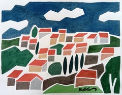 "Provencal village" figurative water colour, china ink on paper.