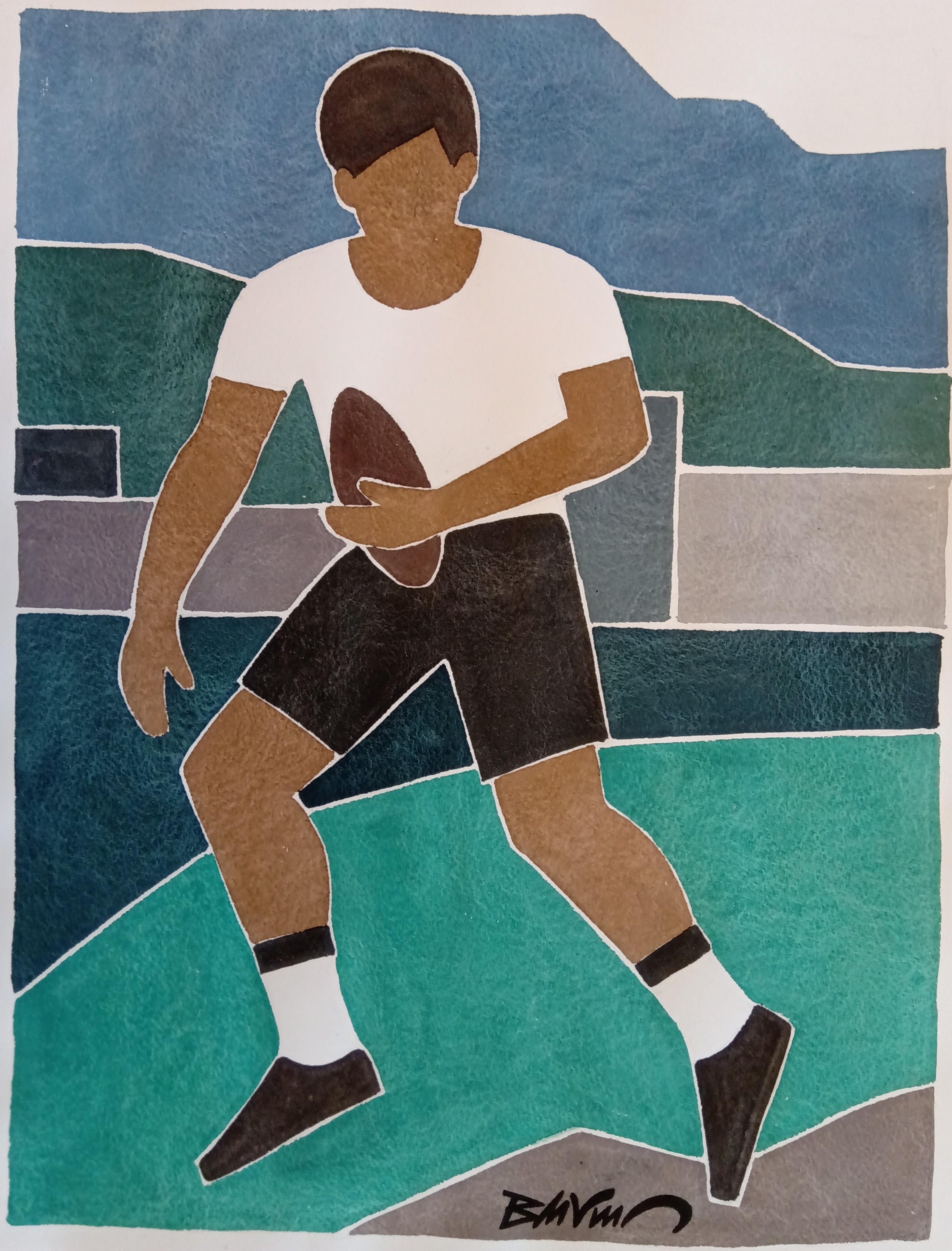 "Rugbyman" figurative drawing, water and china ink 65X50cm - Art by Bertrand de Vismes