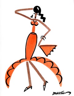 Figurative Zeichnung „Flamenco-Tänzer mit Fächern“ Aquarellfarbe auf Papier, Tusche auf Papier