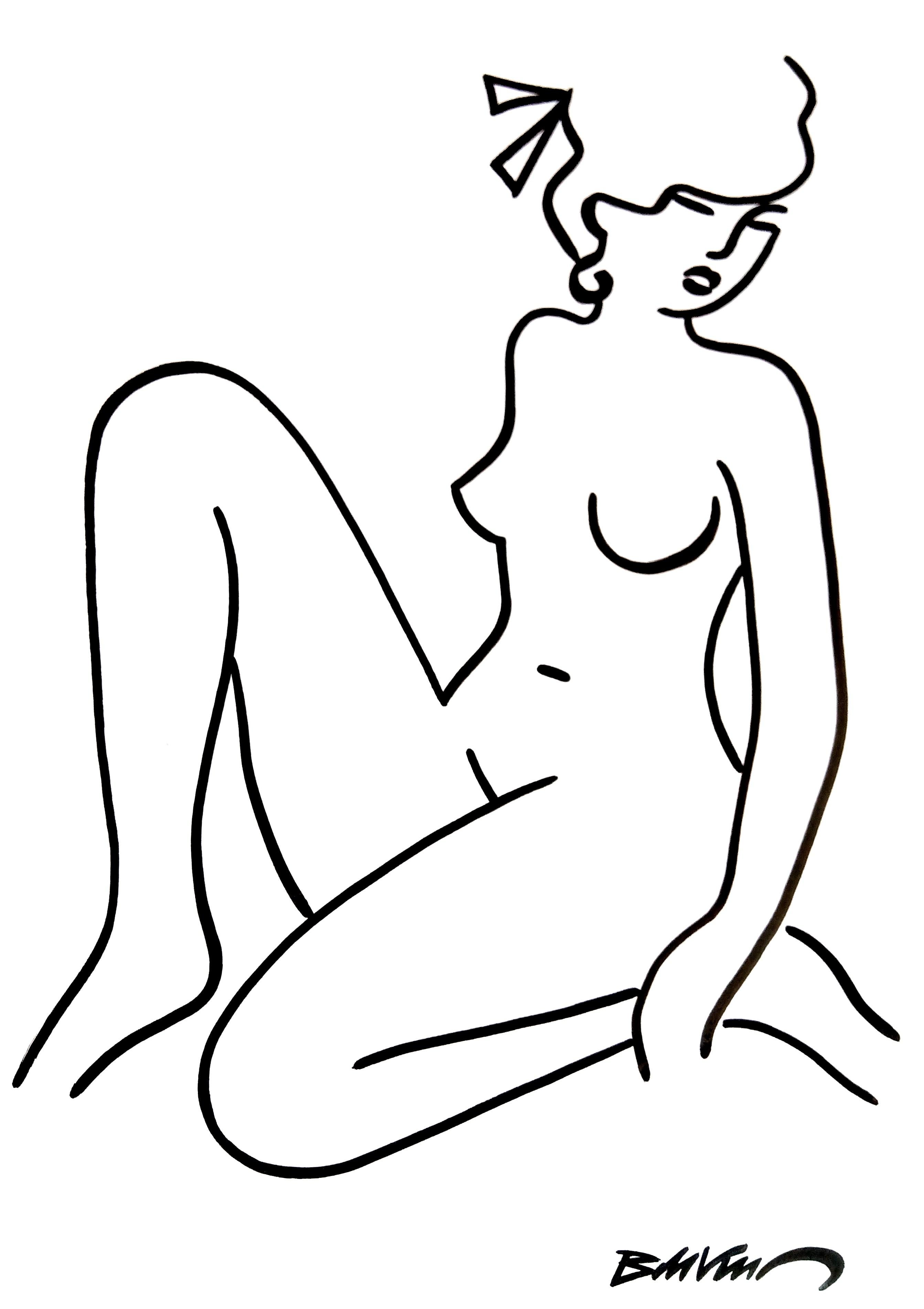 figurative drawing "Naked squatting three-quarter face" Indian ink and brushes - Art by Bertrand de Vismes