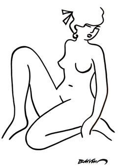 Indische Tusche und Pinsel „Naked squatting three-quarter face“, figurative Zeichnung