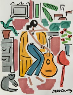 « Femme avec guitare et chat gris », dessin figuratif, encre d'eau et de porcelaine 65 x 50 cm