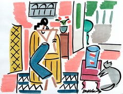 Figure d'une femme avec un poisson doré et un grand chat, aquarelles et encre indienne