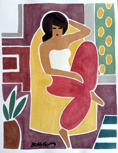 « Femme assise en rouge s », aquarelle figurative, encre sur papier 65 x 50 cm