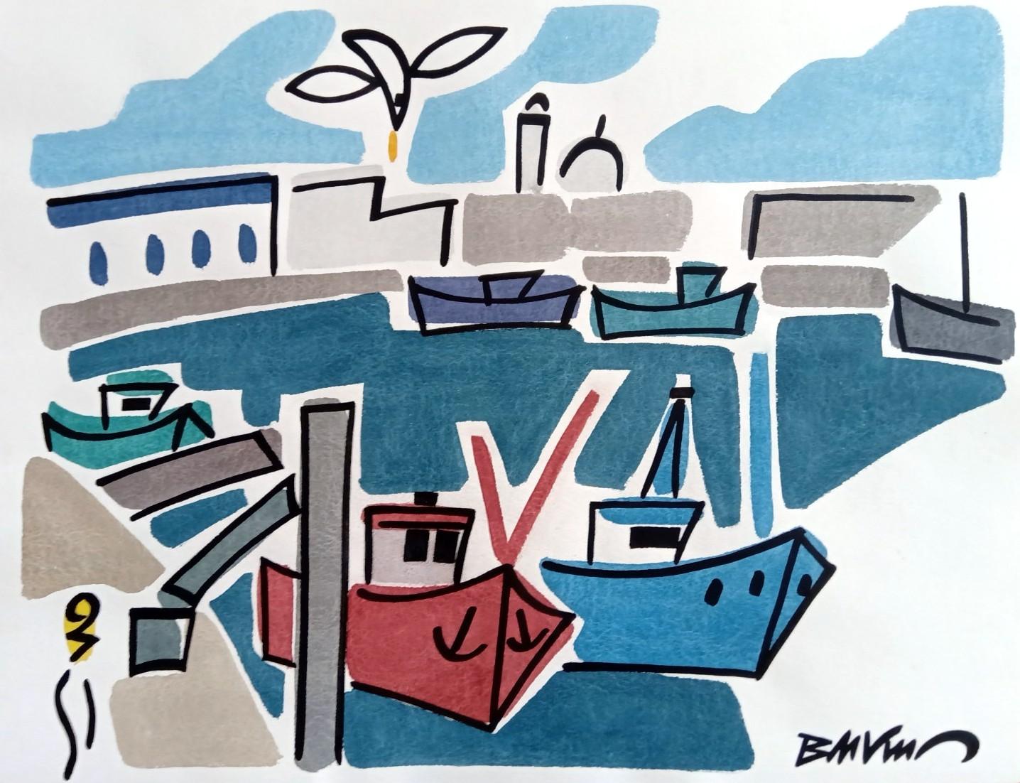 Bertrand de Vismes Figurative Art - "Fishing port for trawl" figurative drawing water colour, ink on paper 50x65 cm