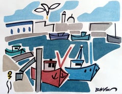 "Fishing port for trawl", dessin figuratif à l'aquarelle, encre sur papier 50x65 cm