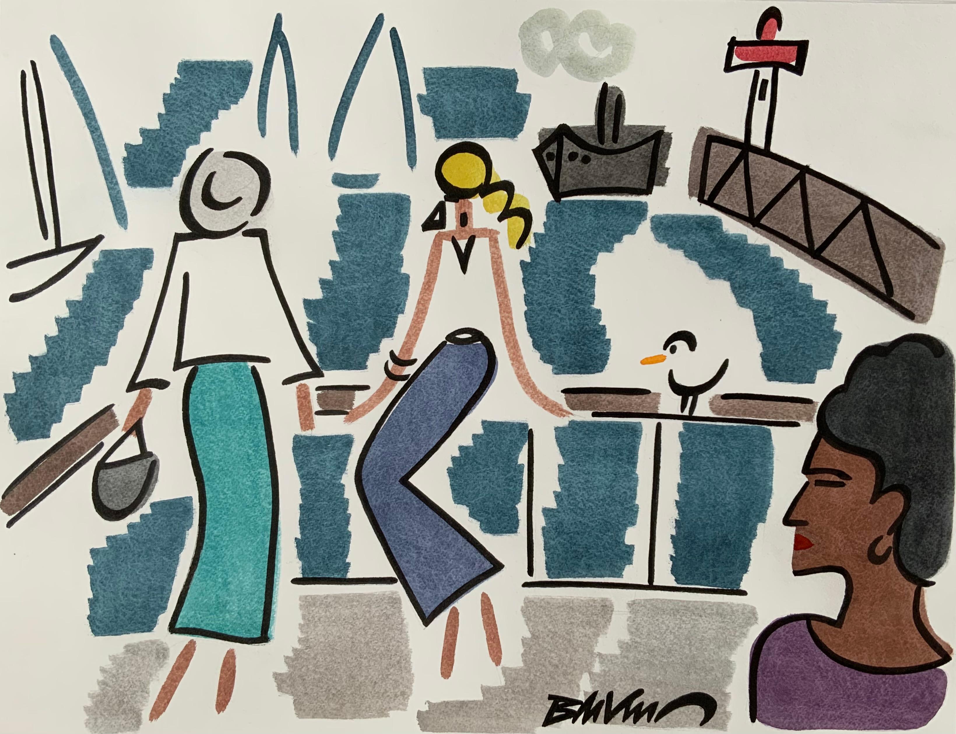 Bertrand de Vismes Figurative Art - figurative drawing "Elegant in Trouville" watercolors ink on paper blue women