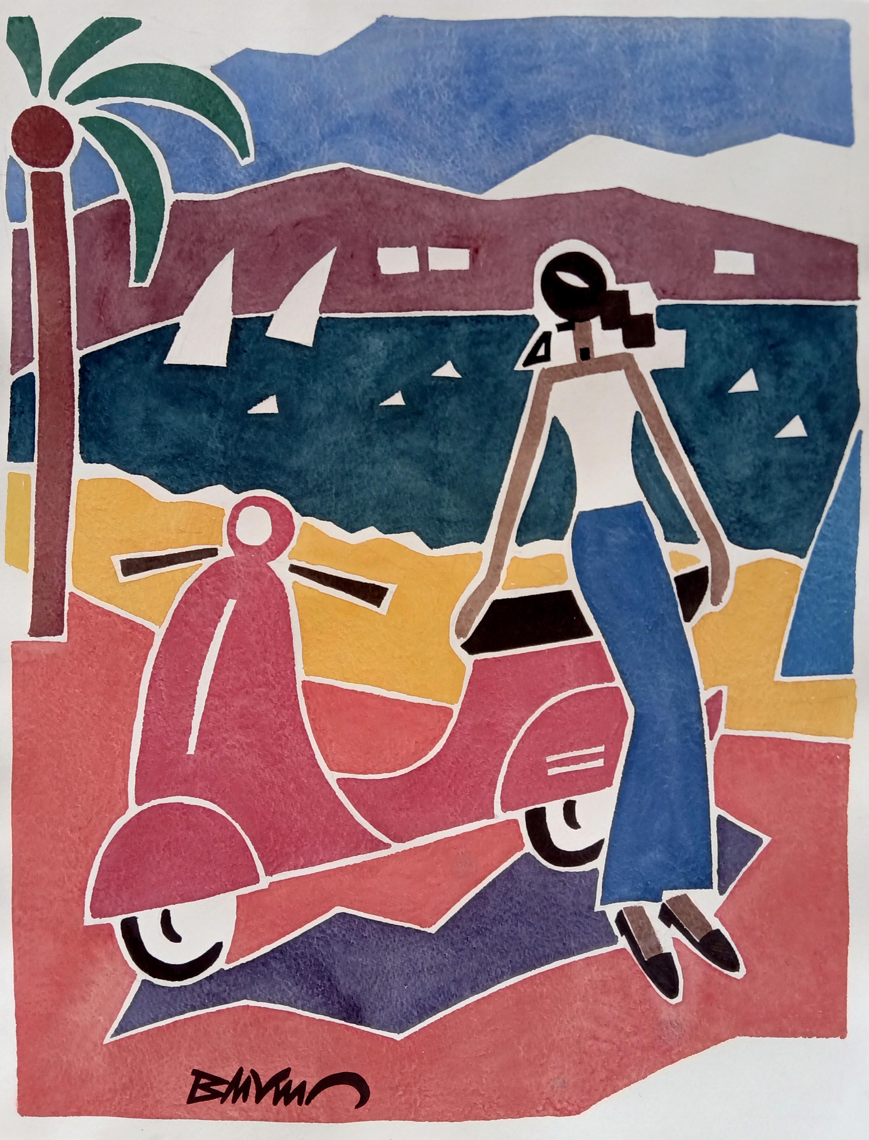 "Women on scooter" figurative drawing, watercolors ink on paper