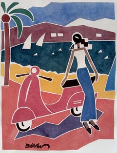 dessin figuratif « Women on scooter », aquarelles sur papier