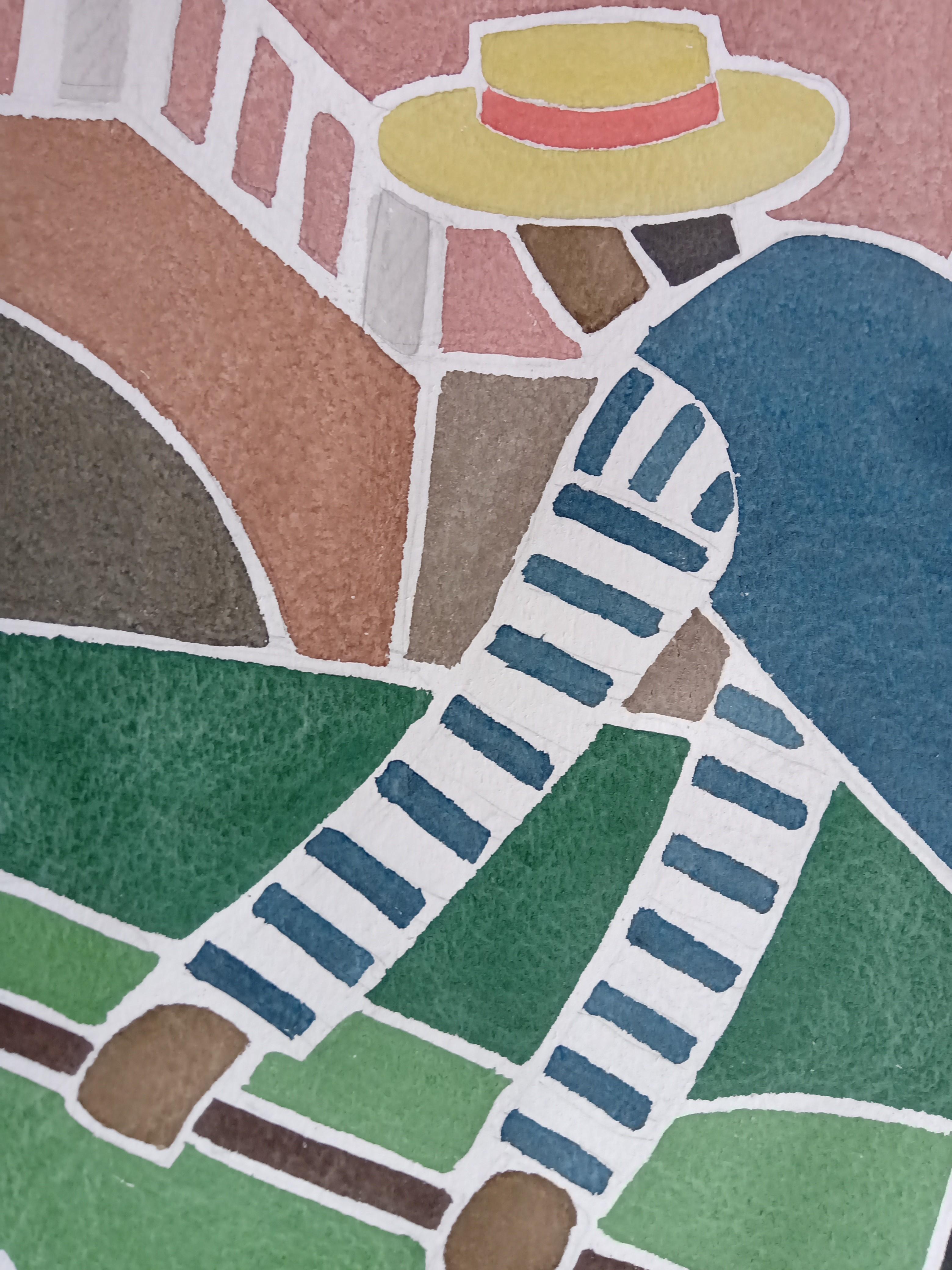 „Gondolier“ figurative Zeichnung, Aquarellfarbe in Tusche auf Papier im Angebot 1