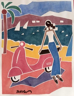 „Frau auf einem Scooter“ Figurative Aquarellfarbe, Porzellan Tinte auf Papier.