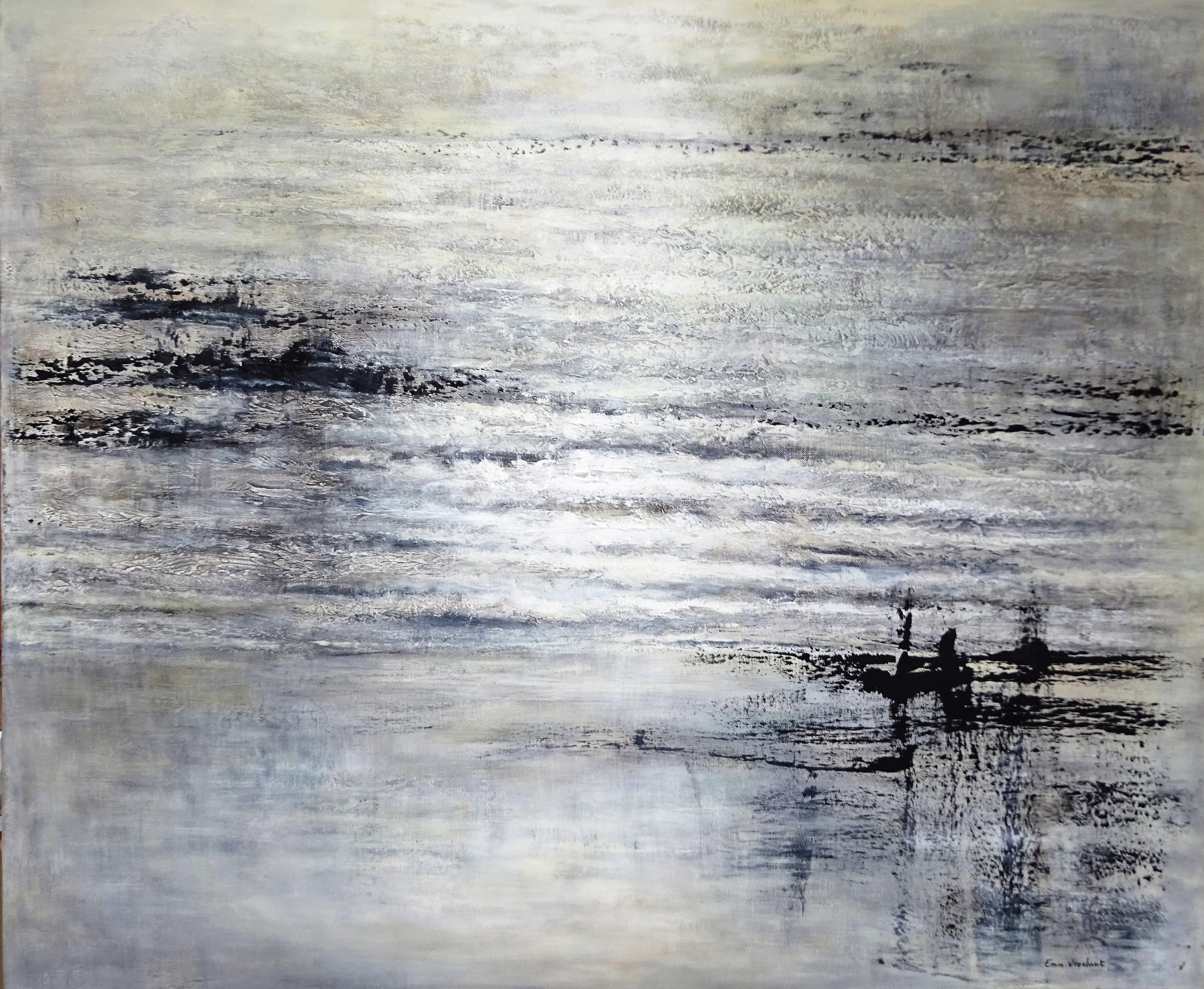 abstract acrylic black white linen canvas 100x120cm "Along the water"