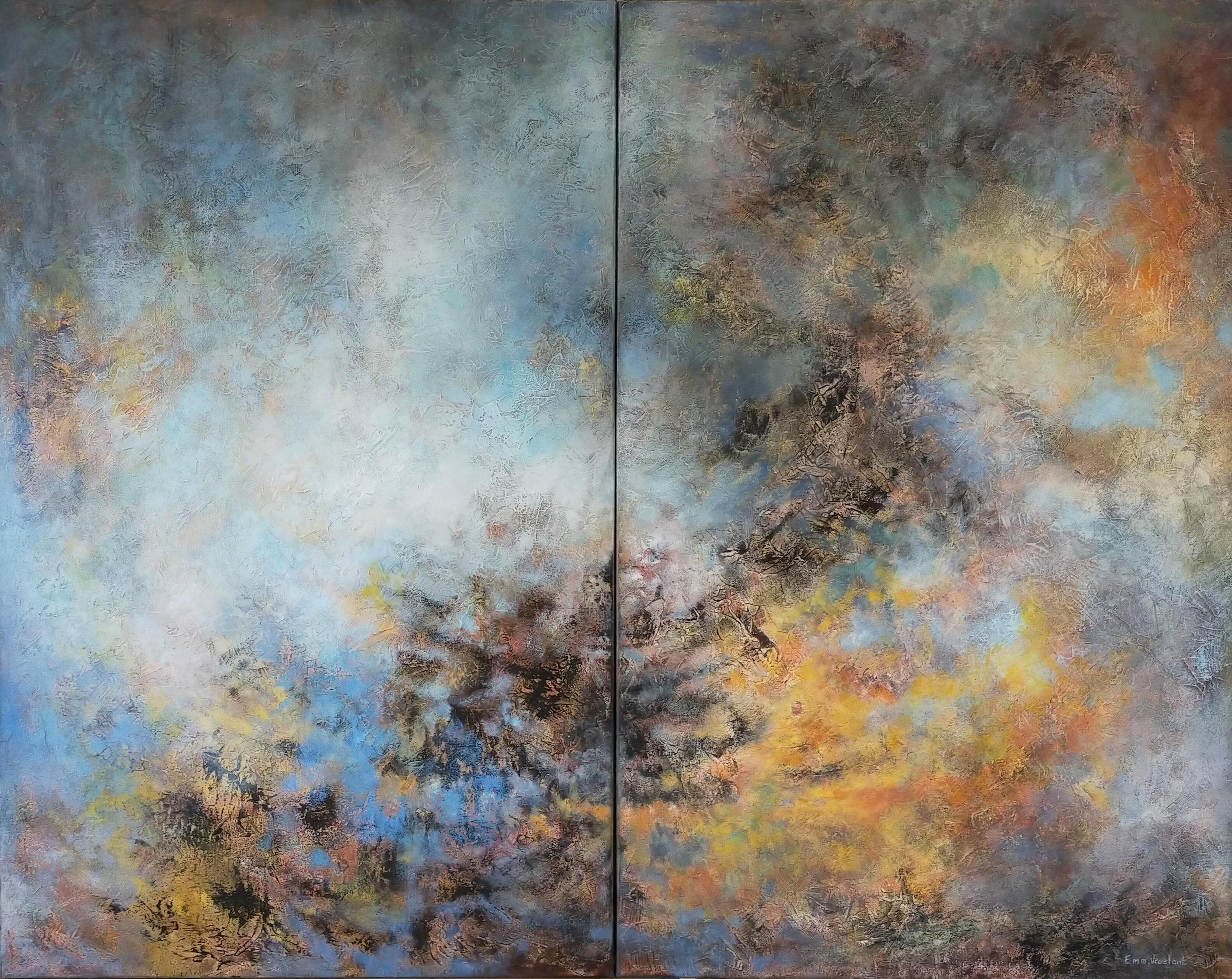 Emmanuelle Vroelant Interior Painting - abstract acrylic linen canvas 116x146 diptych "Heaven within" in wood crate
