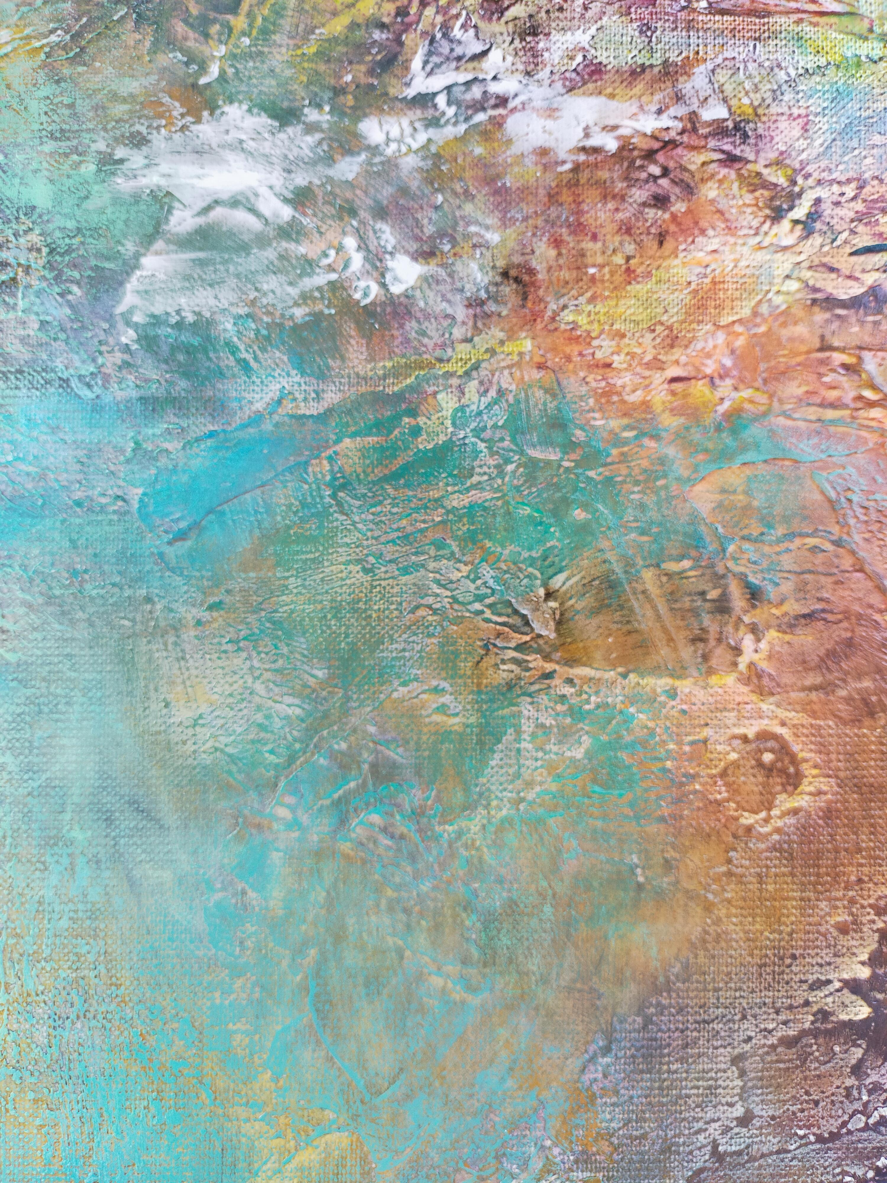 abstract acrylic modeling paste linen canvas 80x80cm  ochre turquoise send in wood crate at cost
Happiness,  lightness of yellow, a moment of joy
the relationship of colors and movement of algae in transparency is at the origin of this atmosphere,