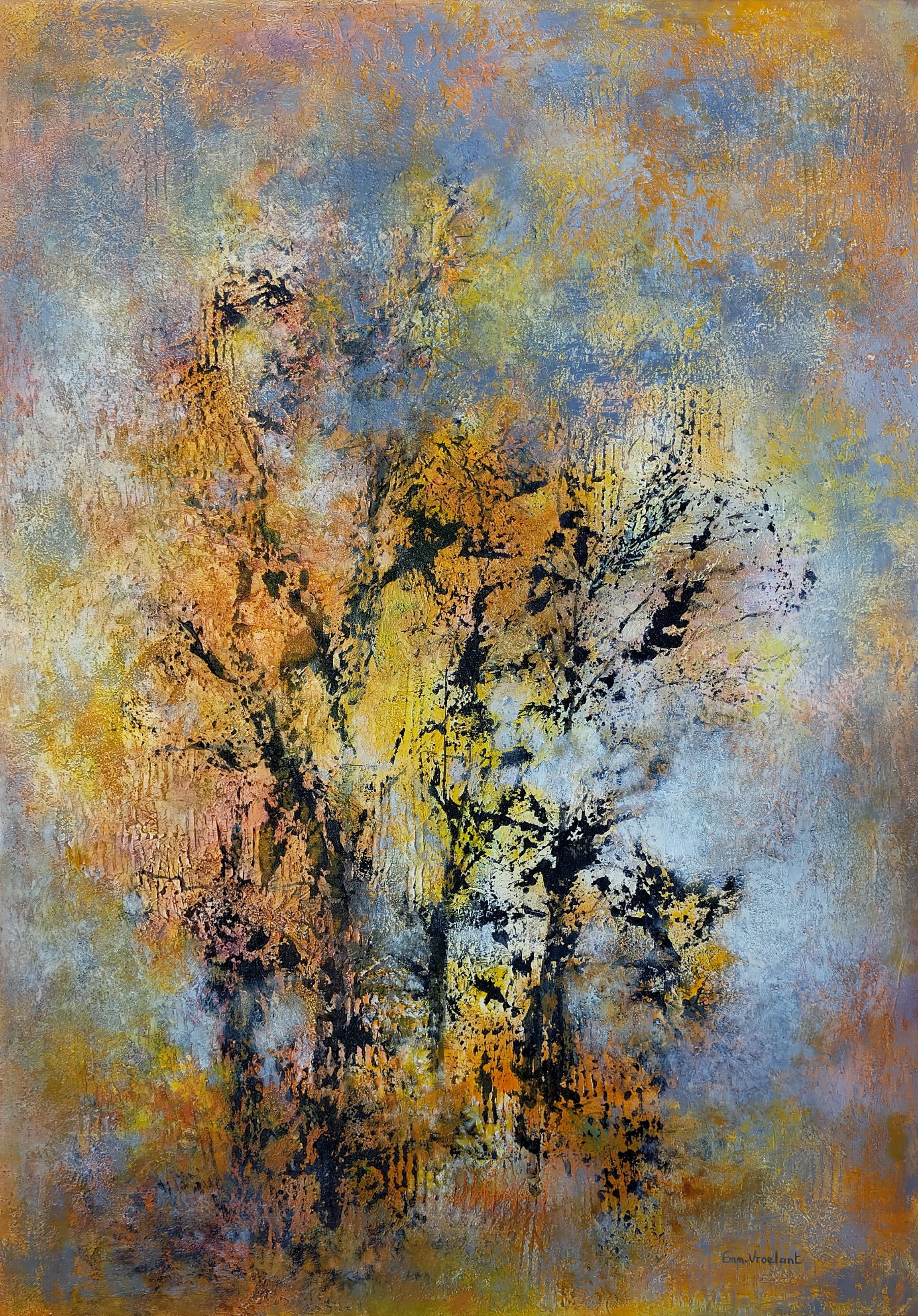 Emmanuelle Vroelant Interior Painting – Abstrakte abstrakte Acryl-Leinen-Leinwand 92x65cm Holzkrippe „Elegance of trees in Winter“