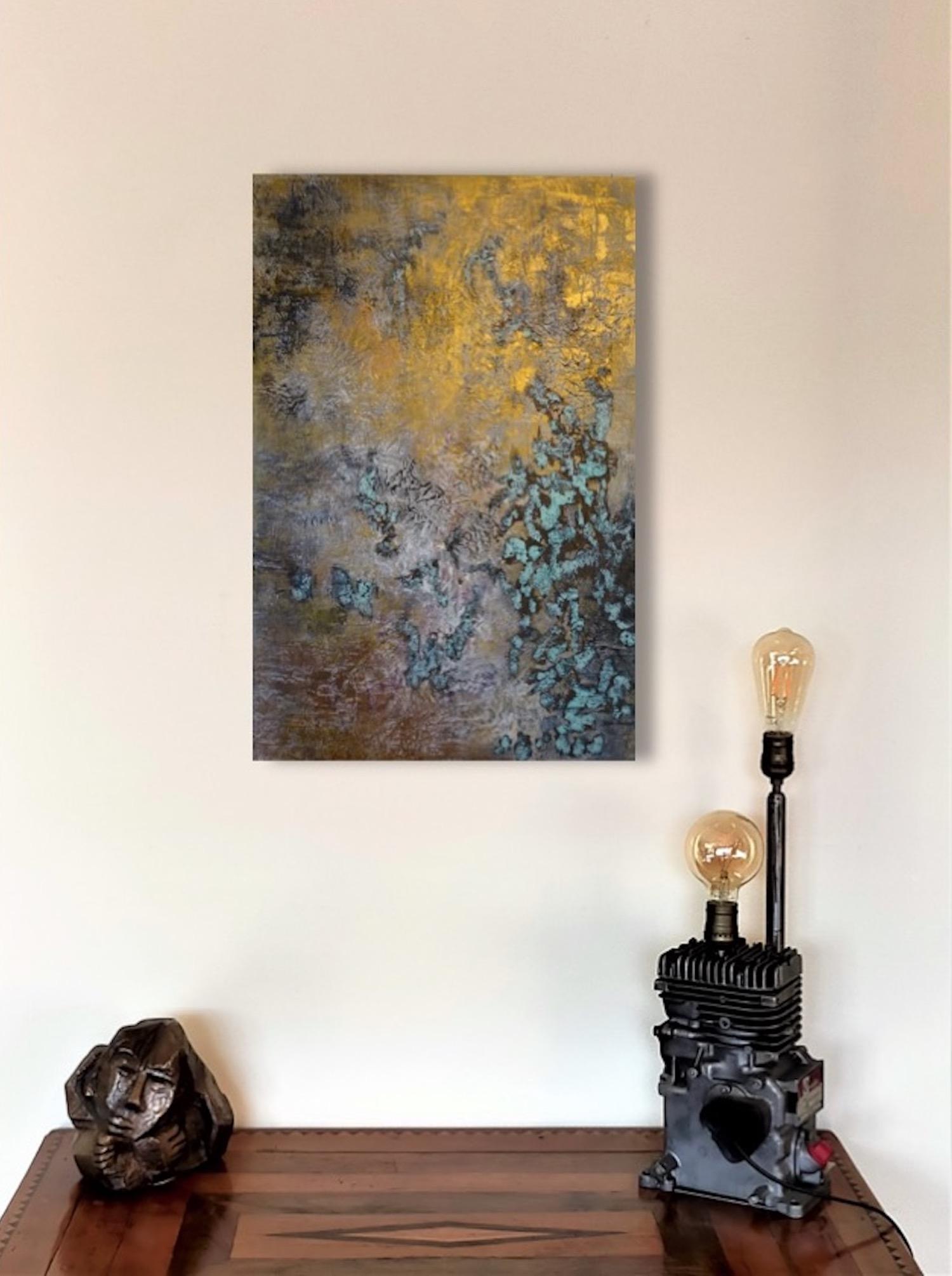 abstract acrylic gold turquoise linen canvas 81x54cm 