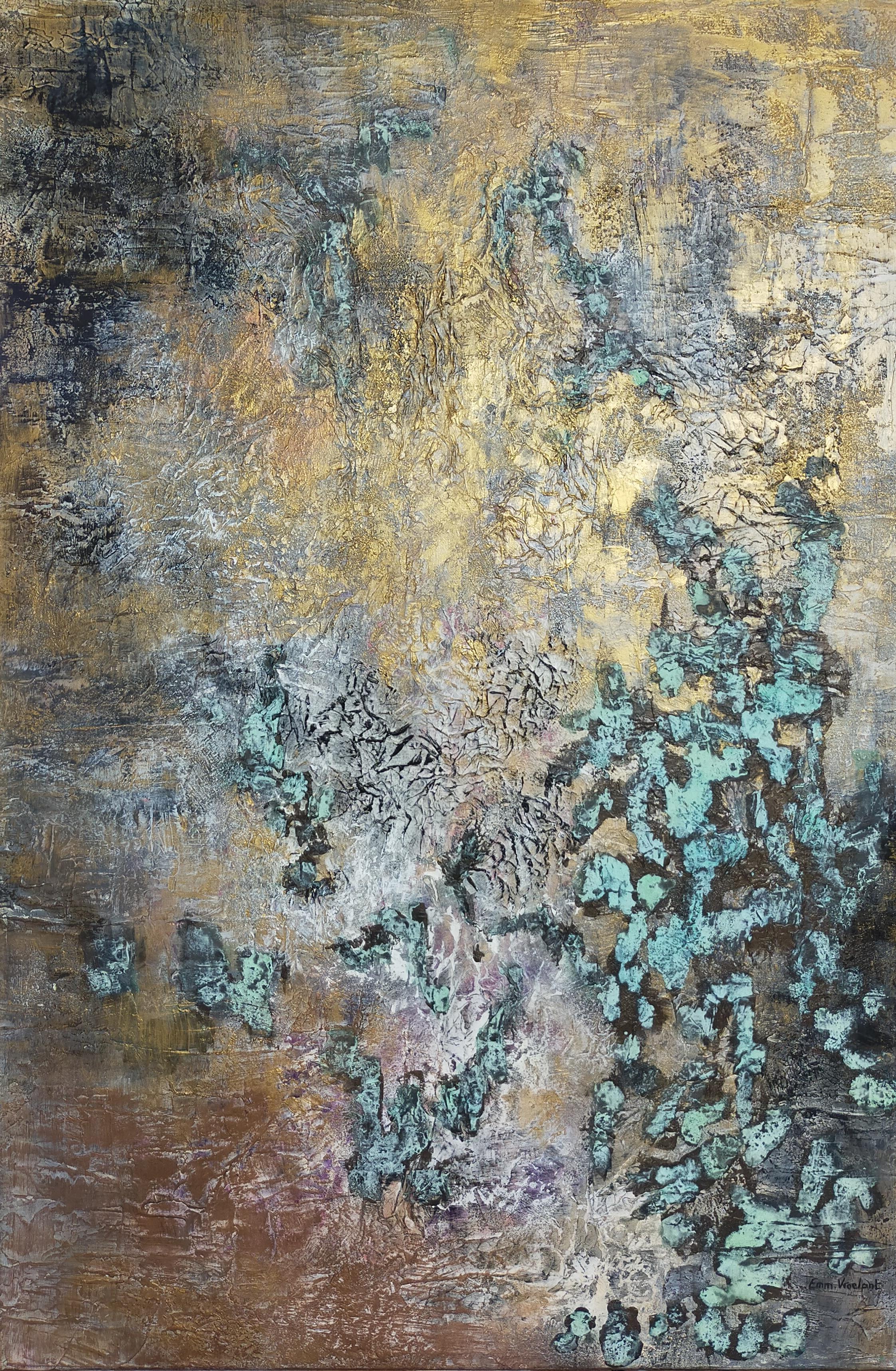 Emmanuelle Vroelant Interior Painting - abstract acrylic gold turquoise linen canvas 81x54cm "Patinated metallic" 