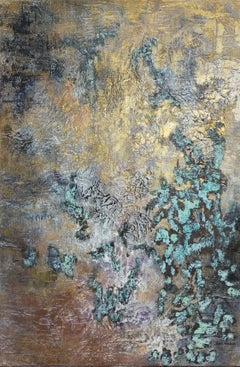 abstract acrylic gold turquoise linen canvas 81x54cm "Patinated metallic" 