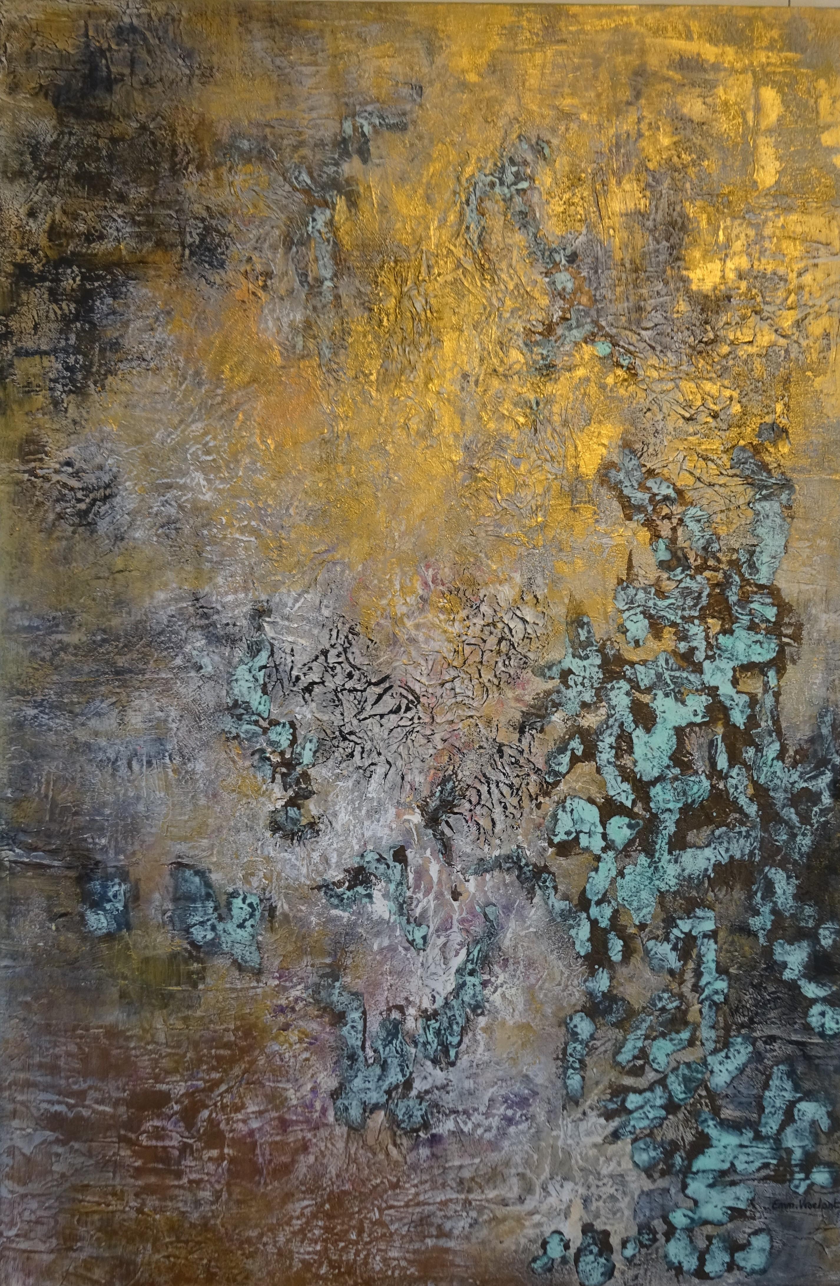 abstract acrylic gold turquoise linen canvas 81x54cm 