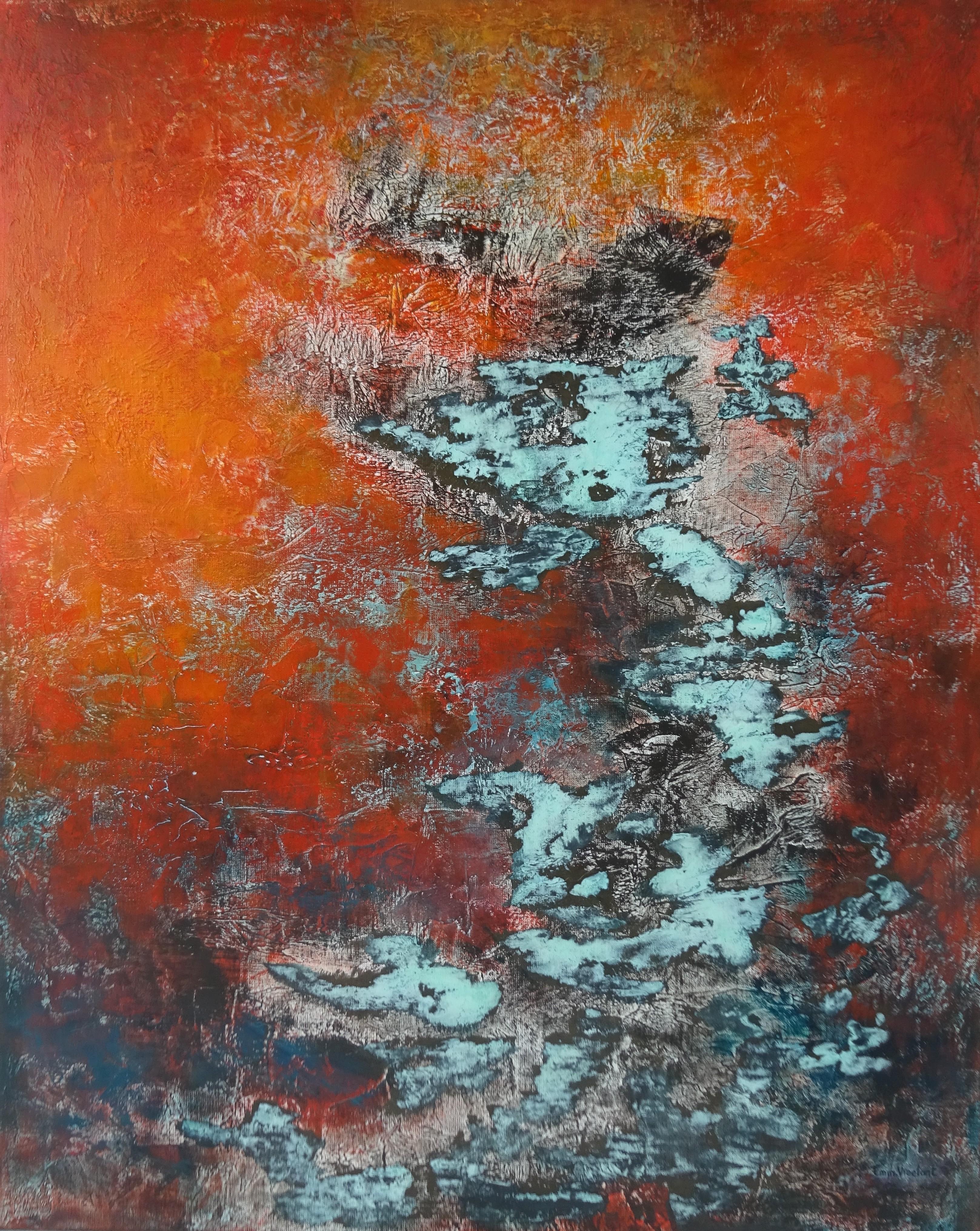 Emmanuelle Vroelant Interior Painting - "Chinese mythology" abstract acrylic oxidation on linen canvas 100x80cm 2020