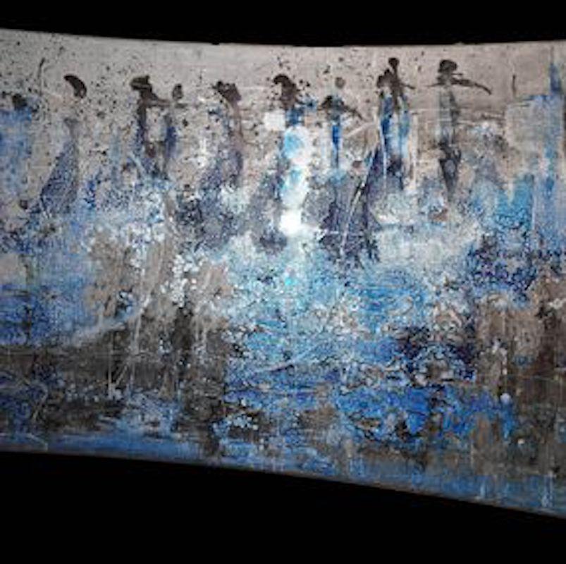 abstract "Evolution" varnish pigment on wood panel 115x210cm  send in wood crate