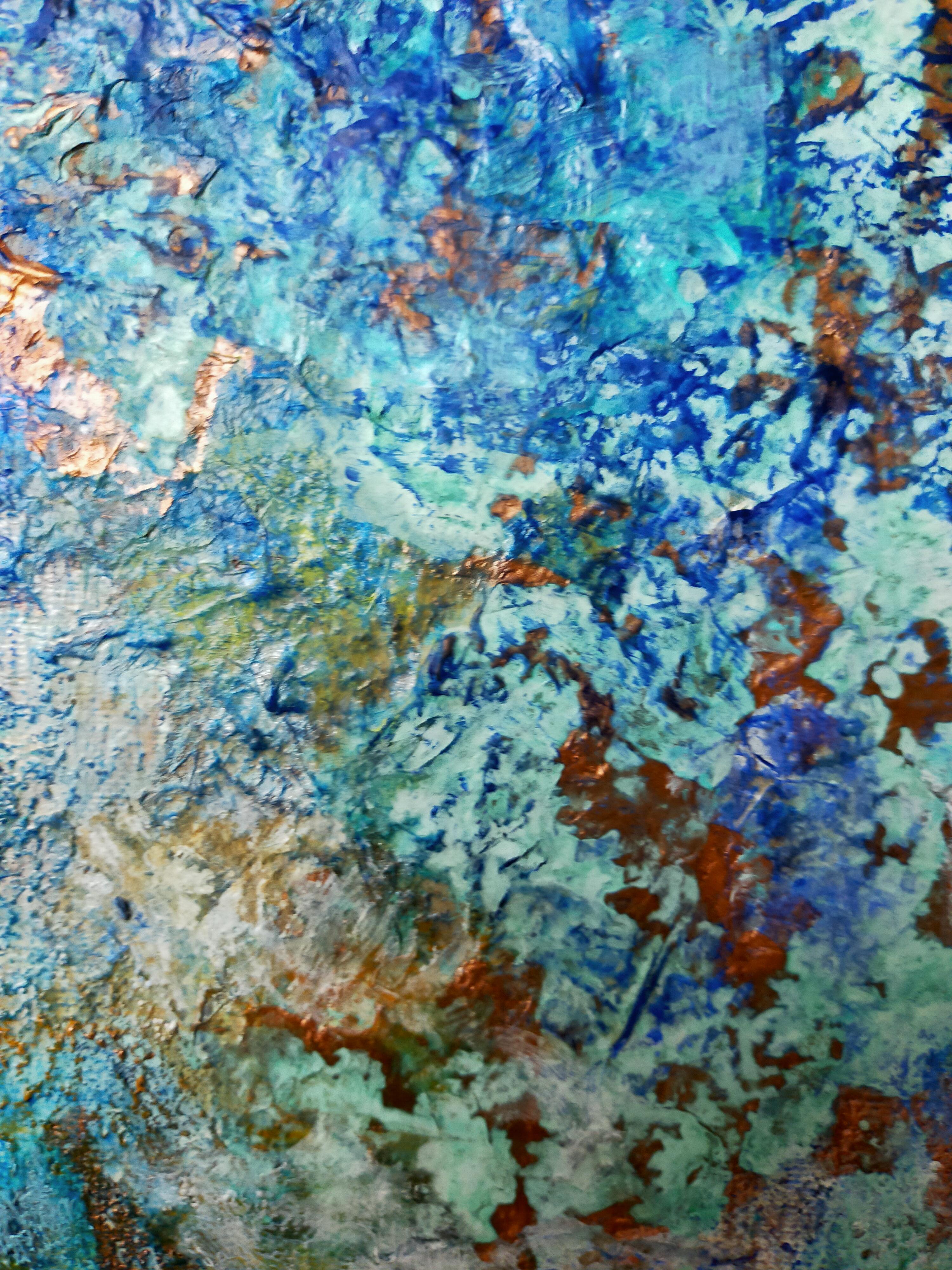 abstract acrylic marble oxidation linen canvas 81x60cm send in wood crate at cost
Emmanuelle Vroelant has, at one point in her life, practiced art therapy, blue is the color of refocusing, one must be centered and have a positive relationship to