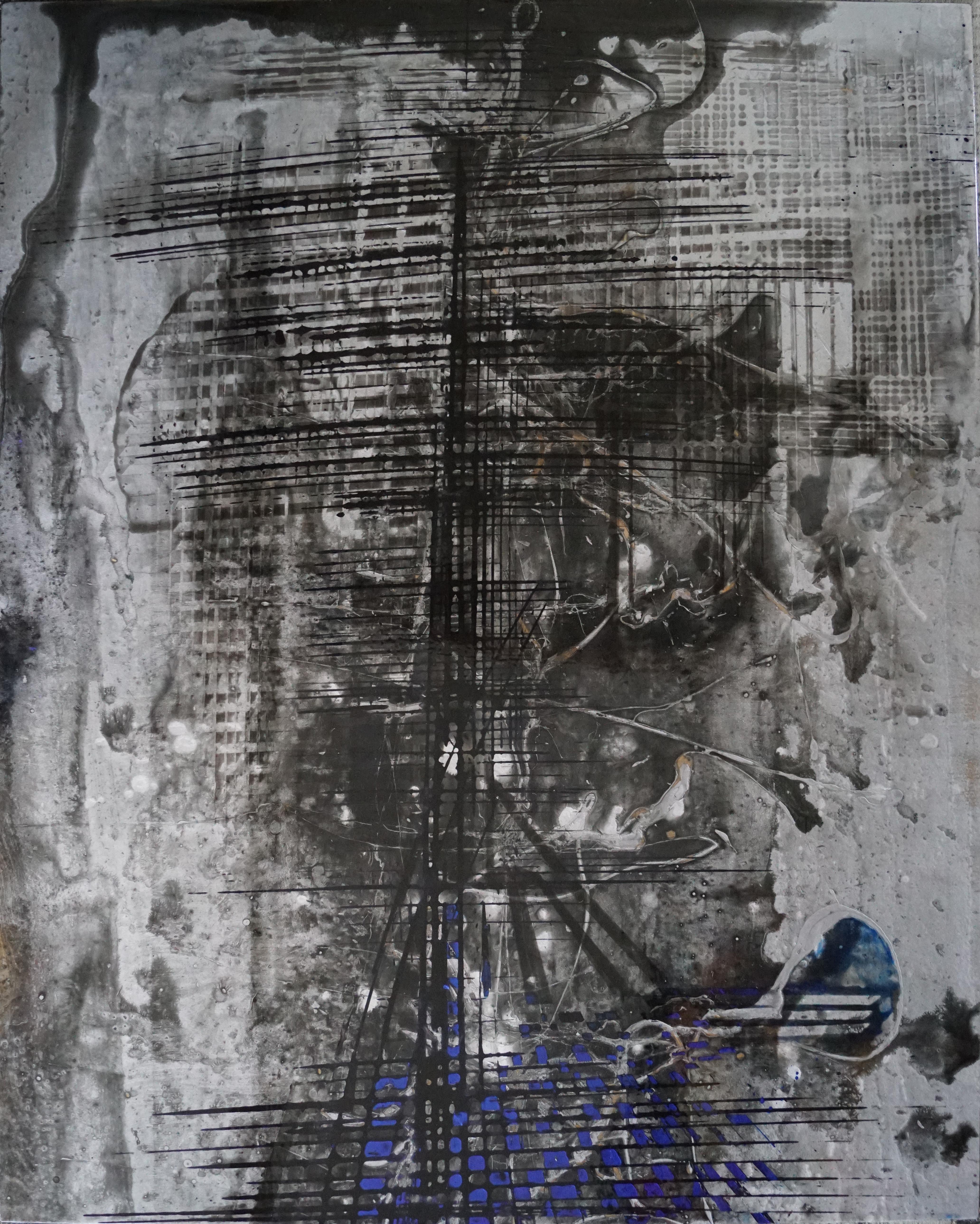 Abstract Painting di Olivier Ebel - "Coucou 1" dipinto astratto  vernici pigmento su legno 125x100cm
