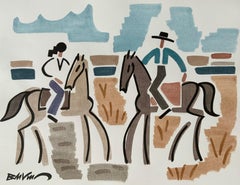figurative drawing "Two Camargue riders" watercolors ink on paper marsh horses